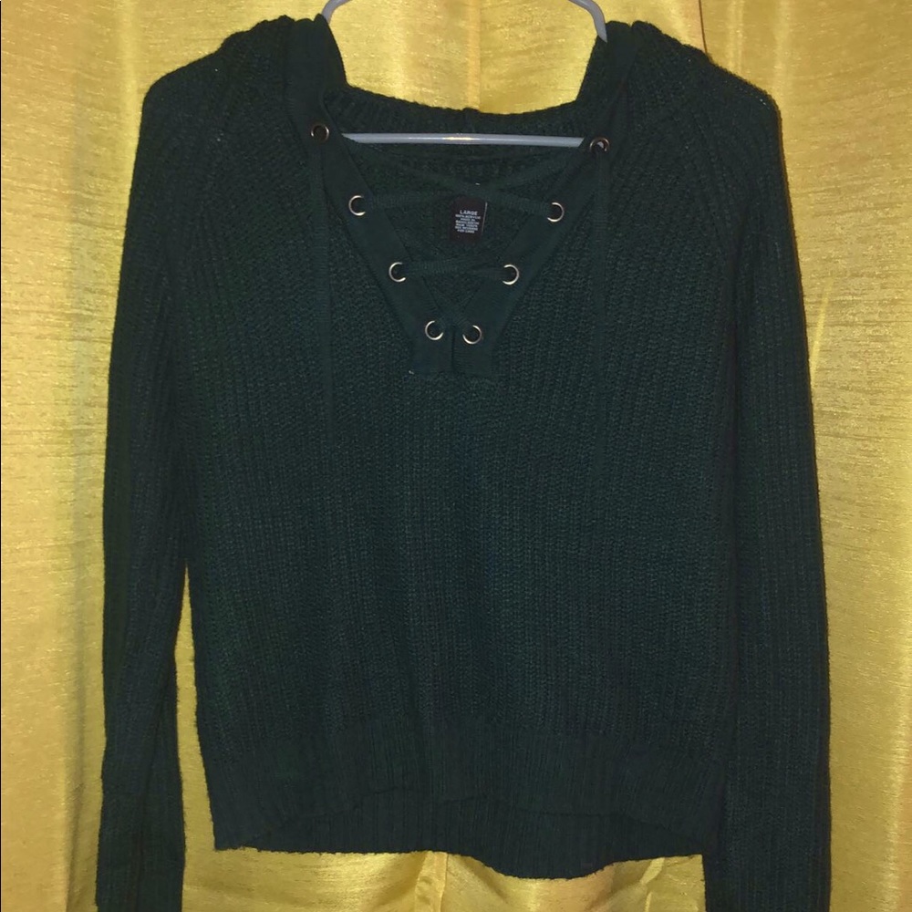 cropped, lace-up, hooded, sweater